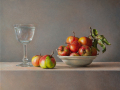 Piatto con mele naturali e bicchiere - olio su tavola - cm 40x50 © Gianluca Corona