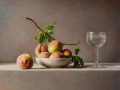 Piatto con pesche naturali e bicchiere - olio su tavola - cm 40x50 © Gianluca Corona