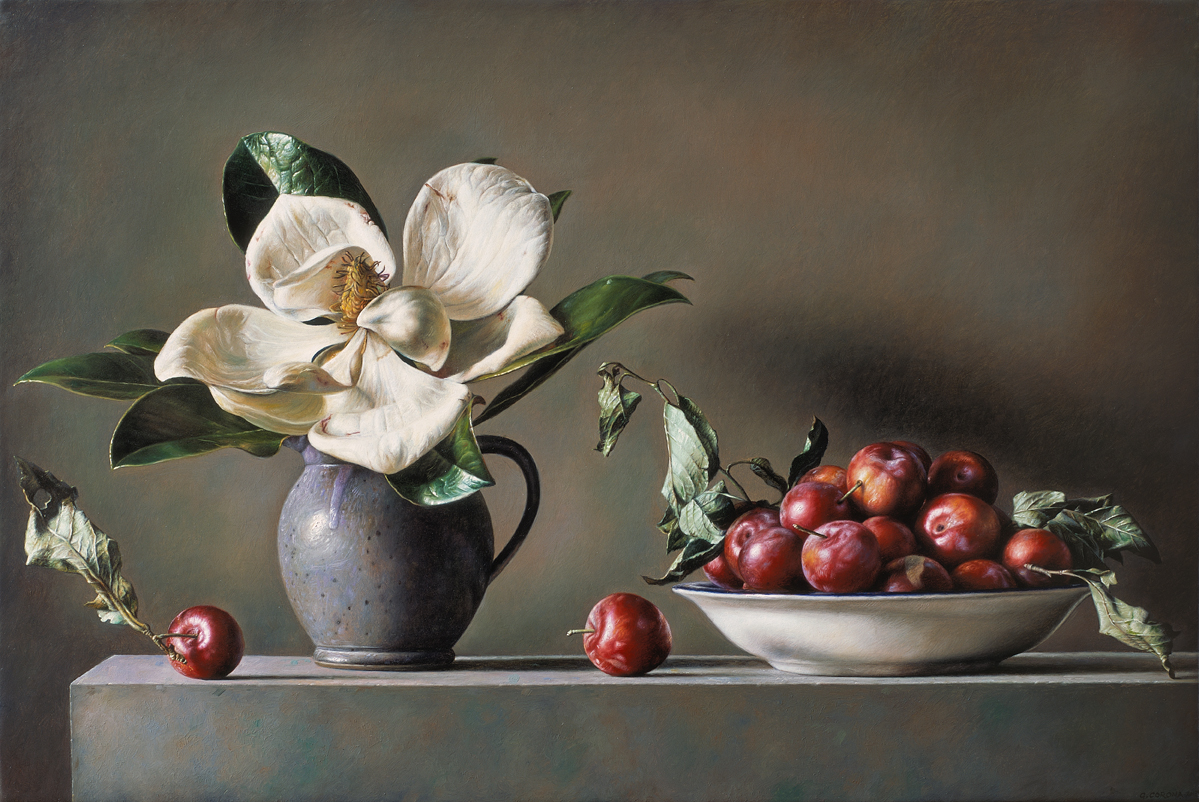Composizione con prugne e magnolia - 2013 olio su tavola incamottata cm 40x60 © Gianluca Corona