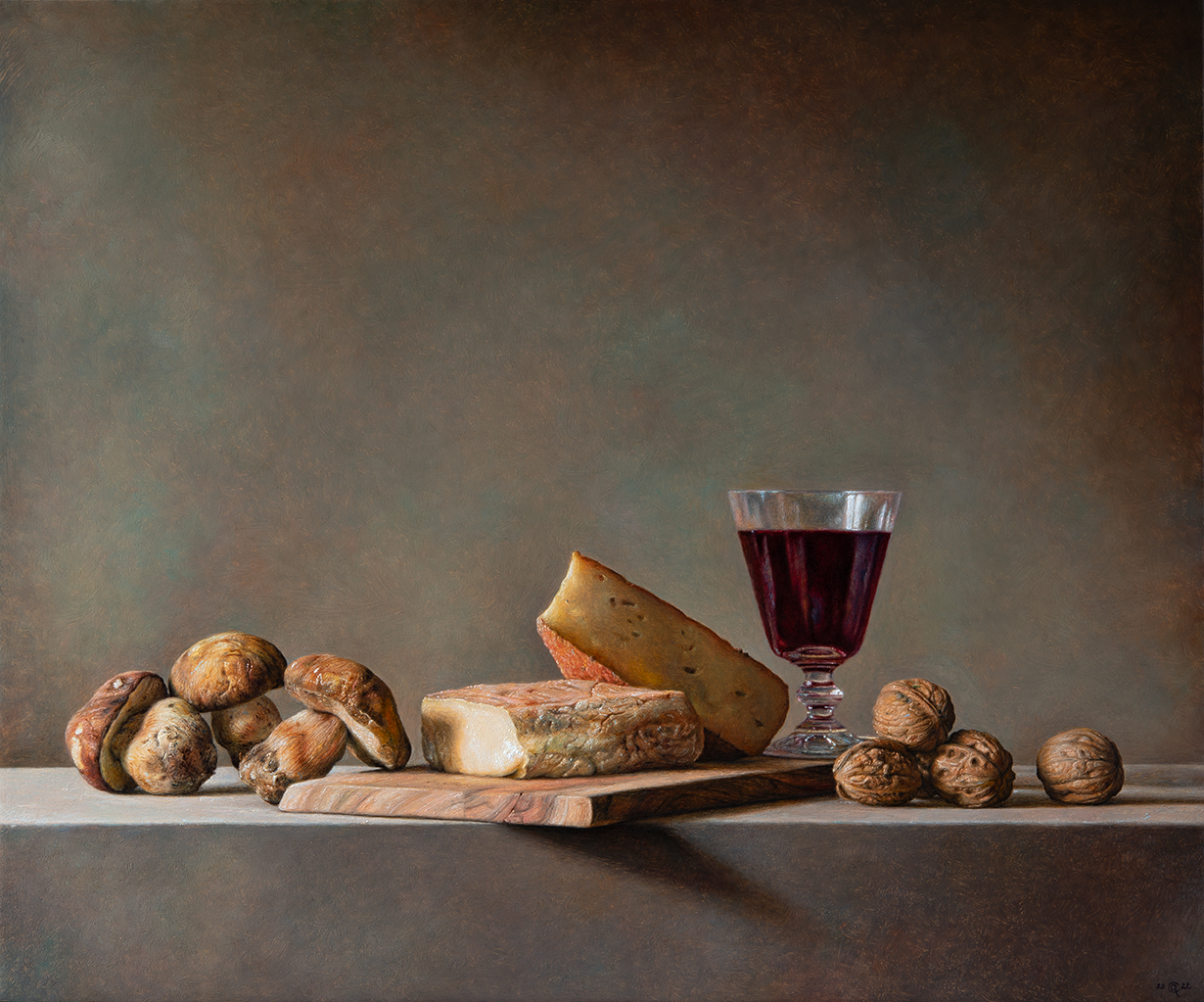 Natura morta con funghi noci e formaggi - 2022 olio su tavola cm 50x60 © Gianluca Corona